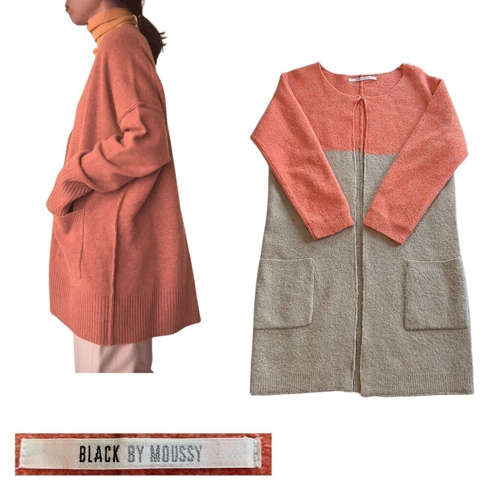 BLACK by MOUSSY Orange Tan100% Wool Colorblock Long Sleeve Cardigan Size M - Picture 1 of 6
